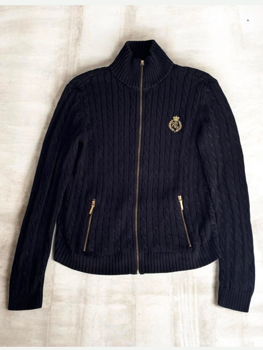 Lauren Ralph Lauren Black Cable Knit Full Zip Sweater Womens S Gold Crest Logo - Picture 2 of 8
